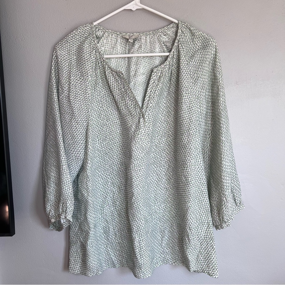 Joie Silk Blouse Feather Print Green White M‎